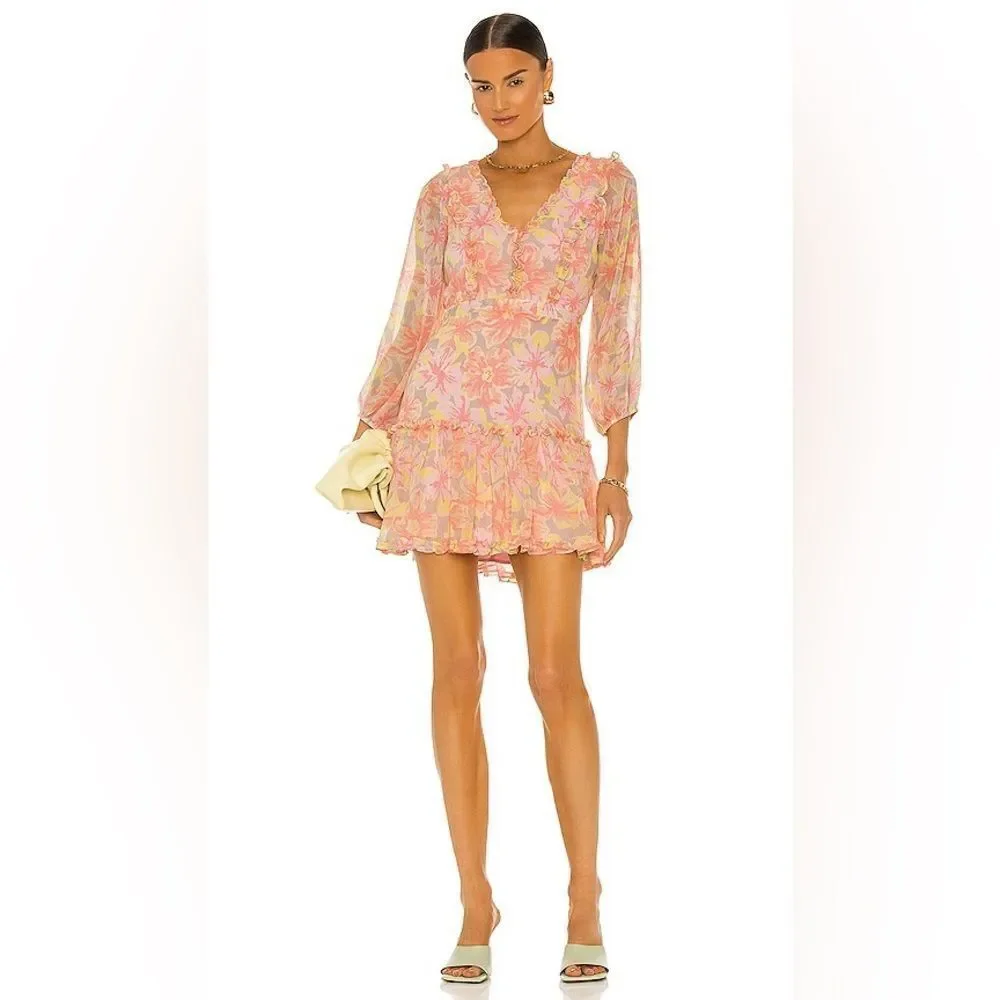 LIKELY | Mia Dress in Peach/ Pink Floral Mini Ruffle Dress Size 6 - Picture 6 of 6
